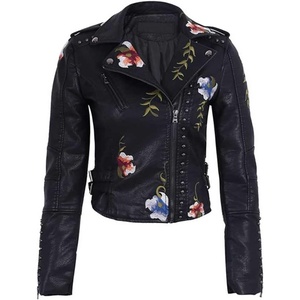 YILANUOYI Women’s Embroidered Studded Faux Leather Jacket Moto Punk Jacket Floral Coat(Xhpy Black)