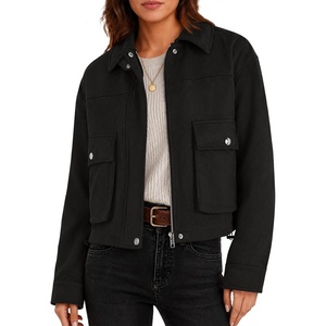 Yousify Womens Faux Suede Bomber Jackets Fall Cropped Zip Up Jacket Coat(Black)
