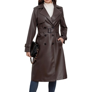 utcoco Womens Long Faux Leather Trench Coat Double Breasted Belted Jacket(Brown)