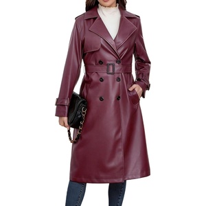utcoco Womens Long Faux Leather Trench Coat Double Breasted Belted Jacket(Wine Red)
