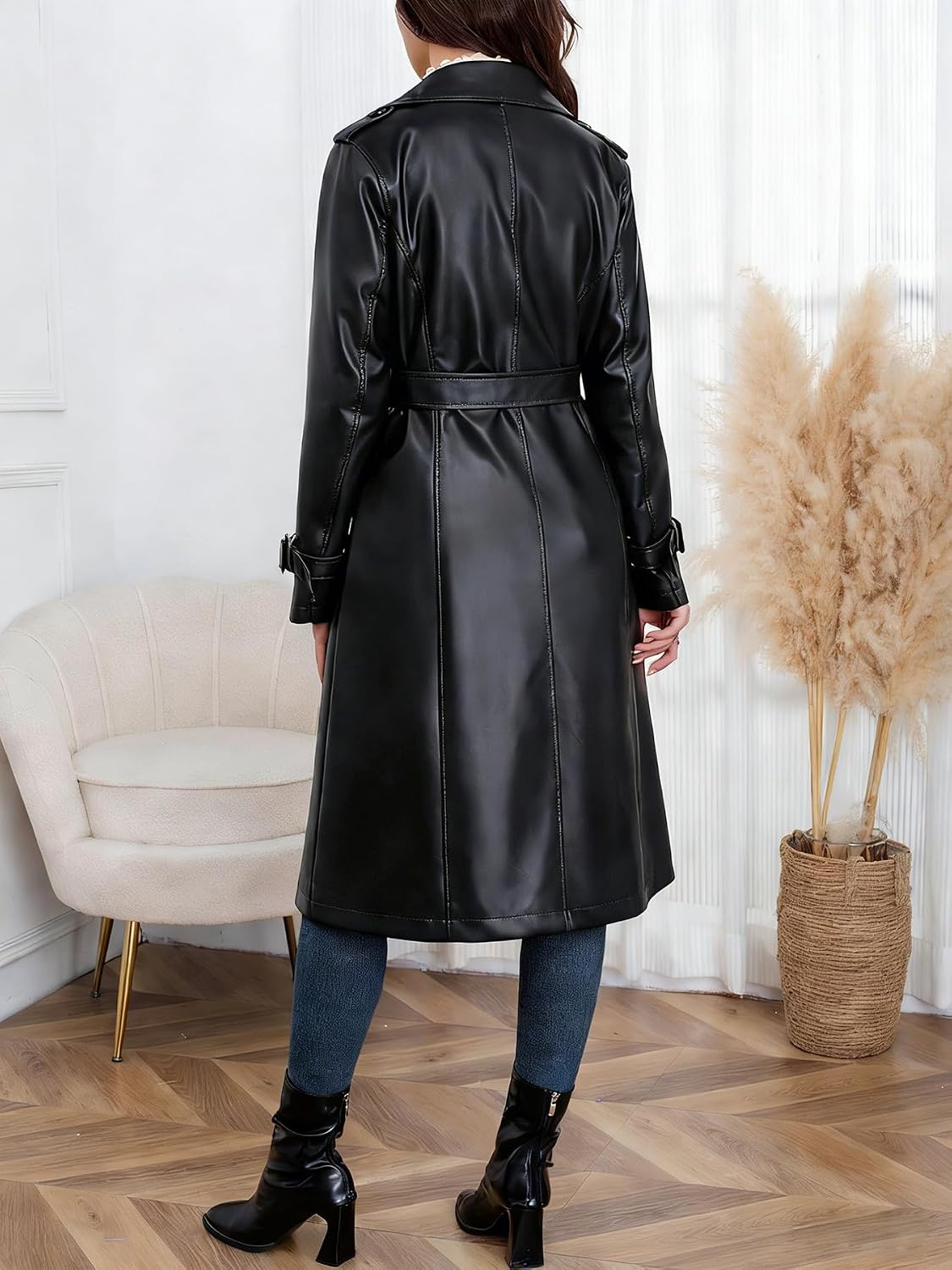 image:imageutcoco Womens Long Faux Leather Trench Coat Double Breasted Belted JacketBlack