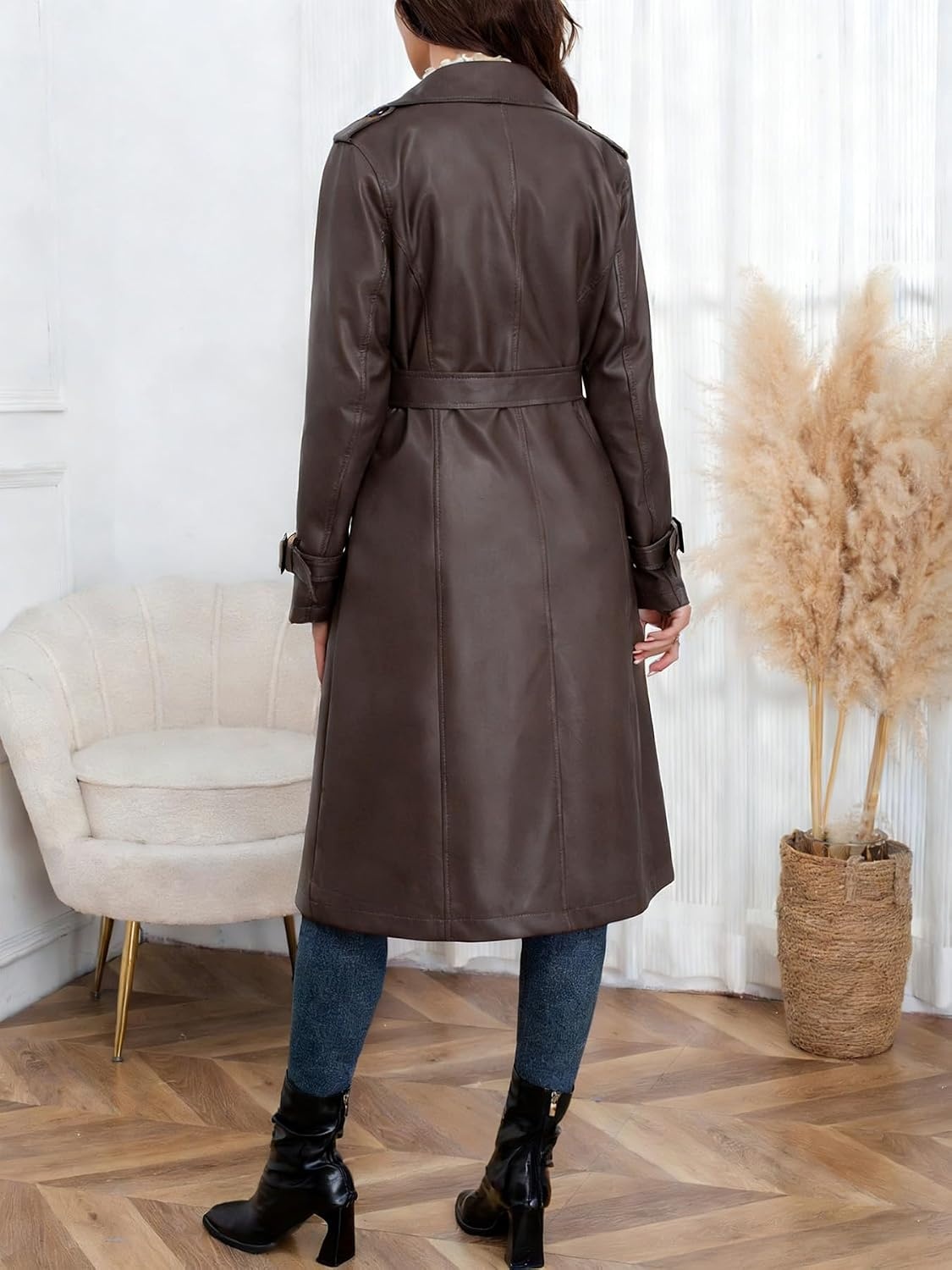image:imageutcoco Womens Long Faux Leather Trench Coat Double Breasted Belted JacketBrown