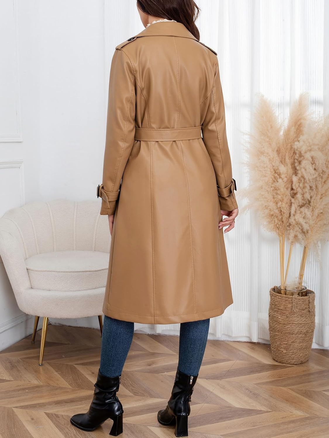 image:imageutcoco Womens Long Faux Leather Trench Coat Double Breasted Belted JacketCamel