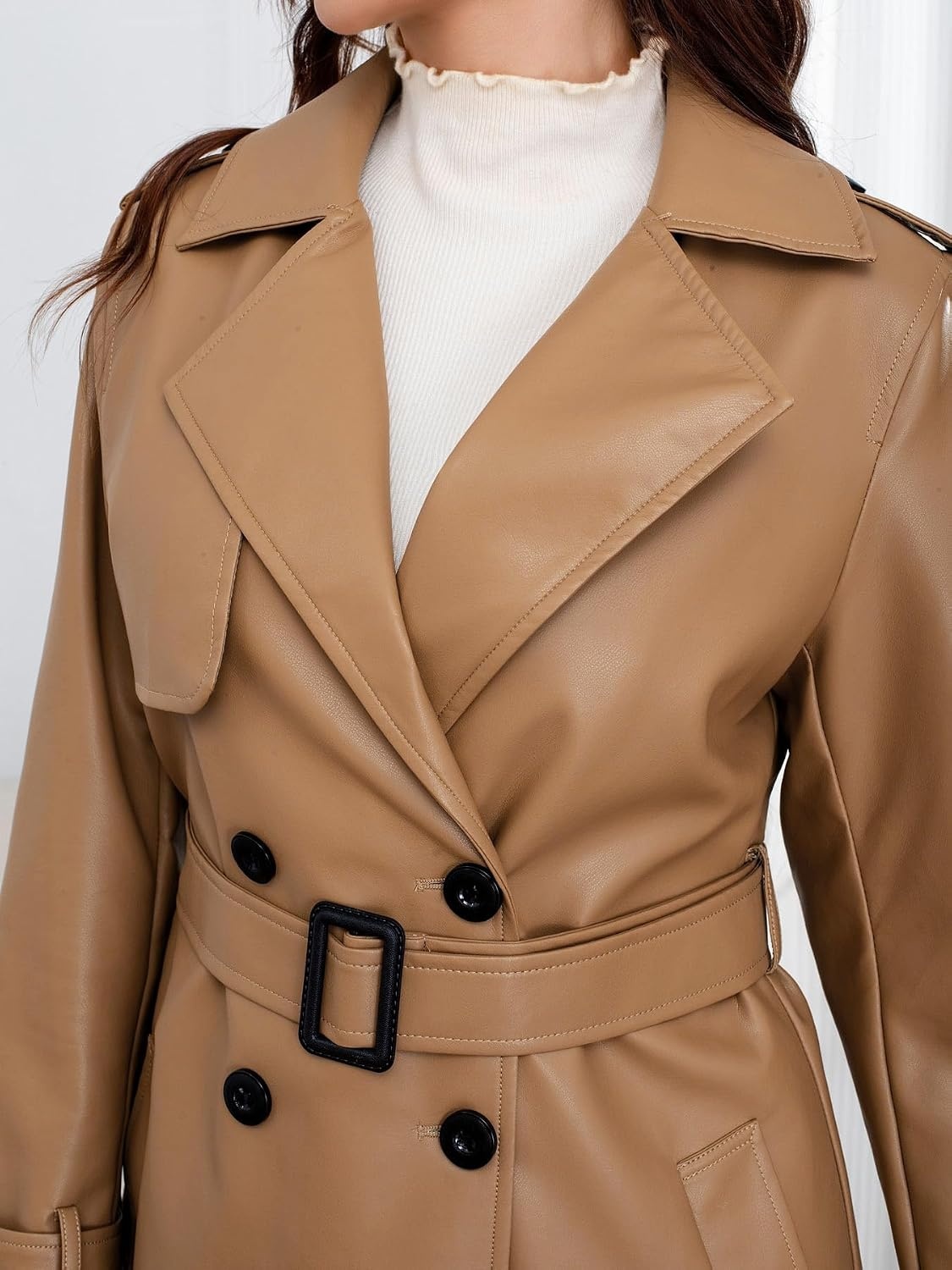 image:imageutcoco Womens Long Faux Leather Trench Coat Double Breasted Belted JacketCamel