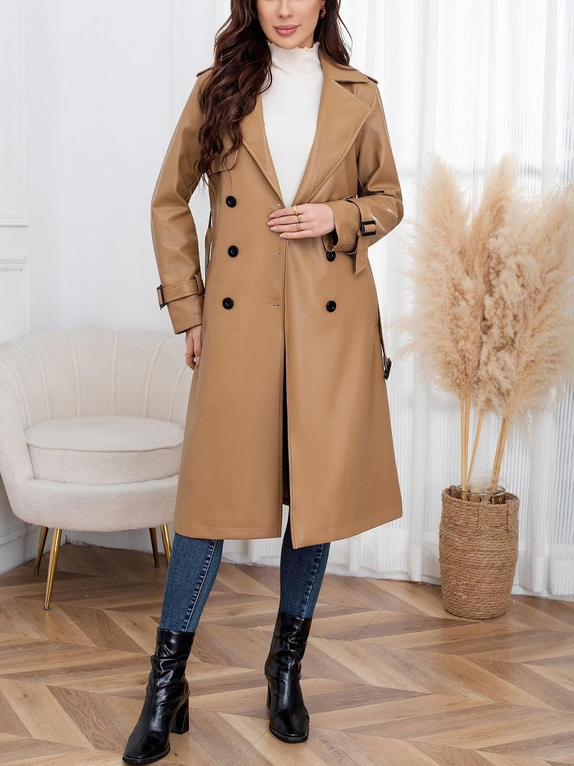 image:imageutcoco Womens Long Faux Leather Trench Coat Double Breasted Belted JacketCamel
