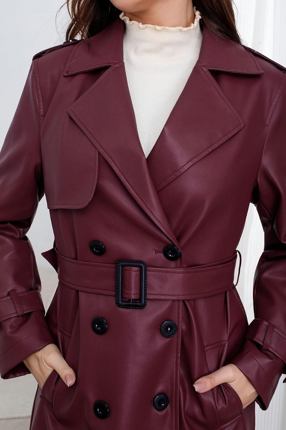 image:imageutcoco Womens Long Faux Leather Trench Coat Double Breasted Belted JacketWine Red