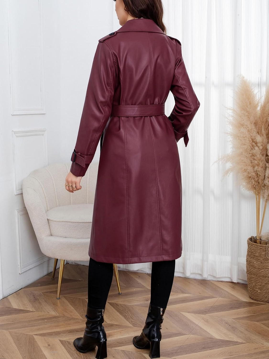 image:imageutcoco Womens Long Faux Leather Trench Coat Double Breasted Belted JacketWine Red