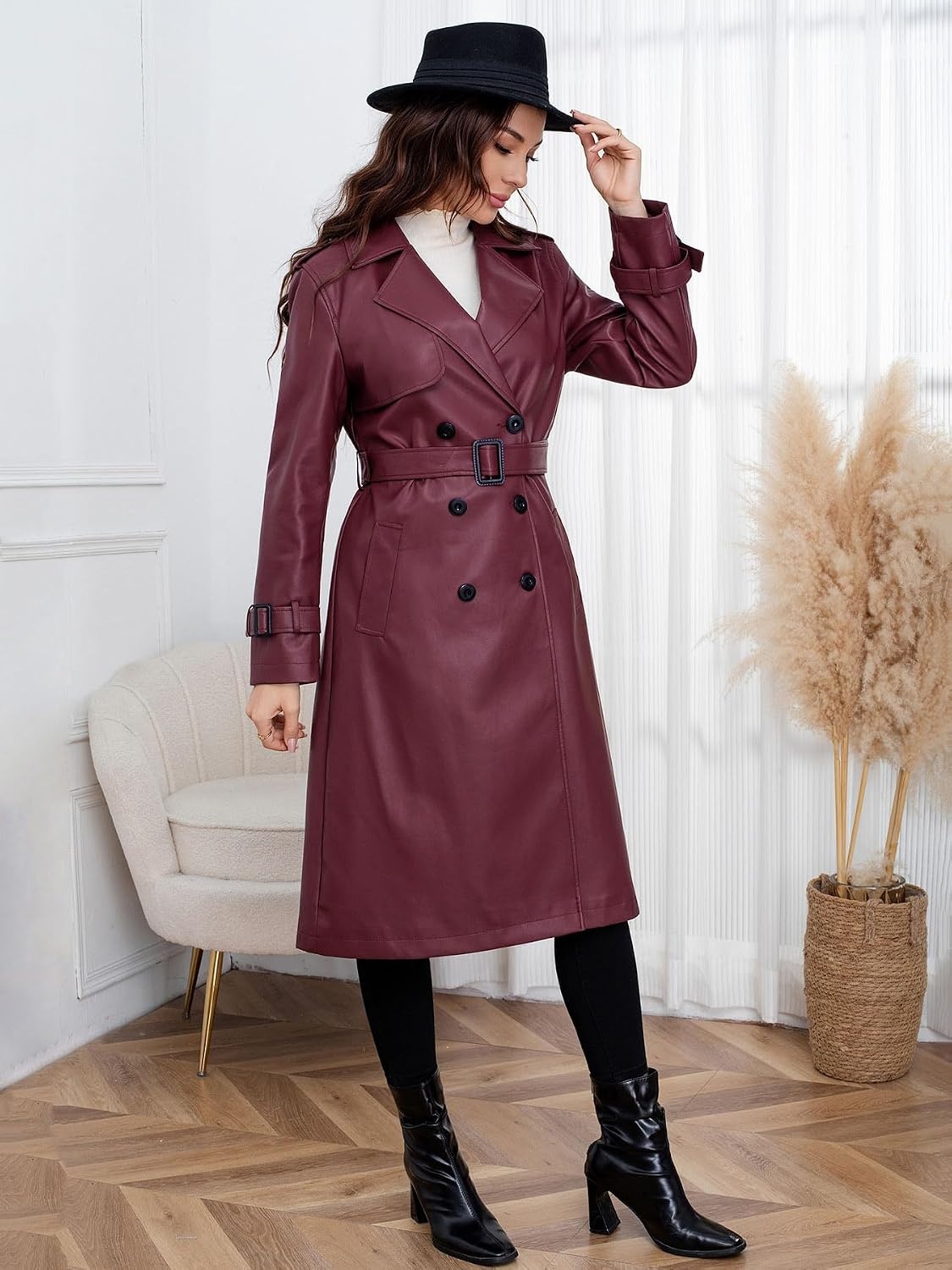image:imageutcoco Womens Long Faux Leather Trench Coat Double Breasted Belted JacketWine Red