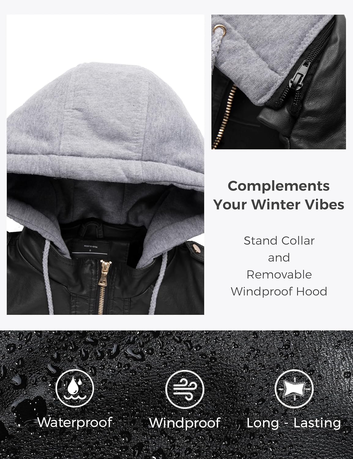image:imagewantdo Faux Leather Jacket for Women PU Moto Biker Bomber Motorcycle CoatBlacklightweight