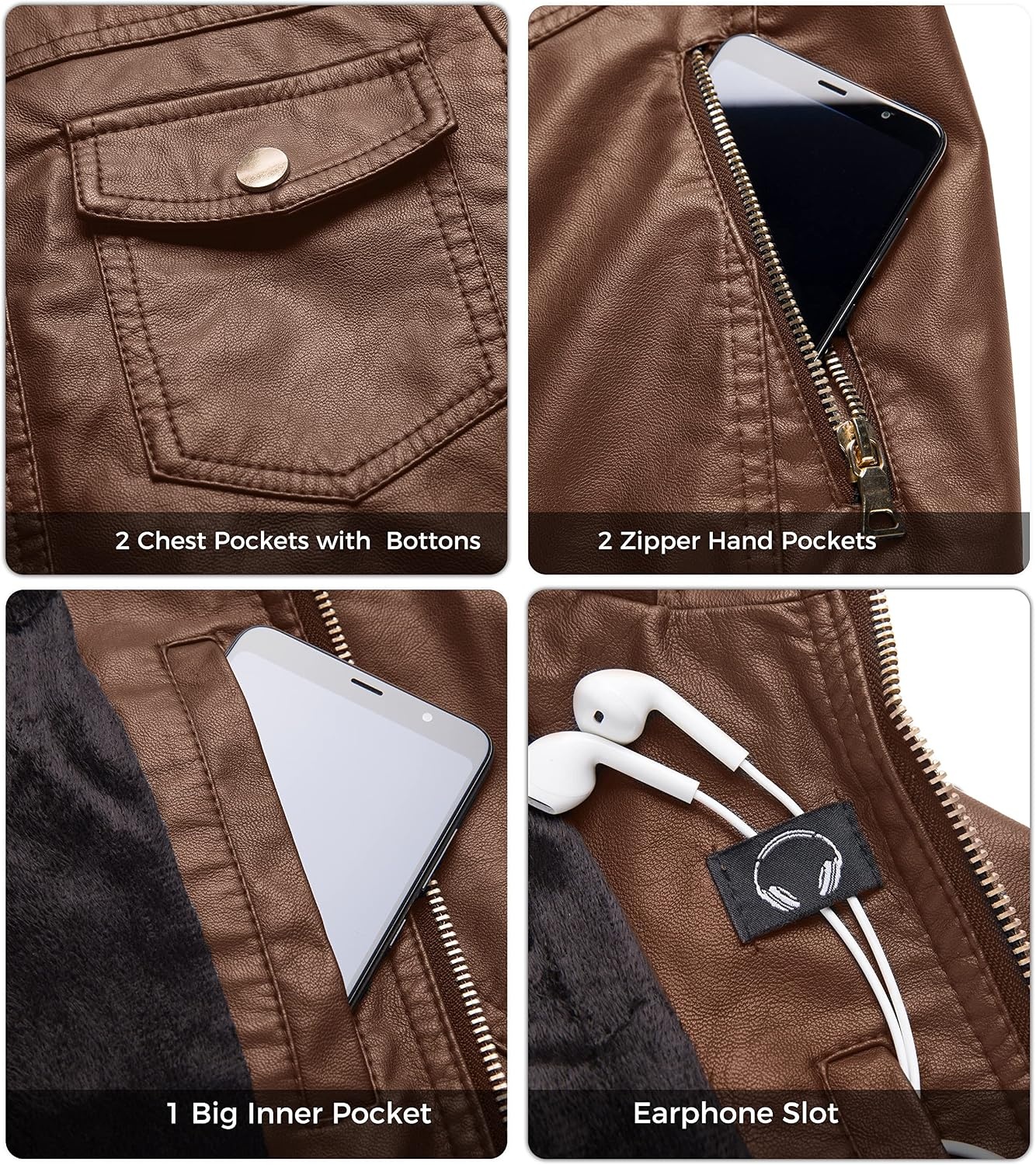 image:imagewantdo Faux Leather Jacket for Women PU Moto Biker Bomber Motorcycle CoatBrownthick