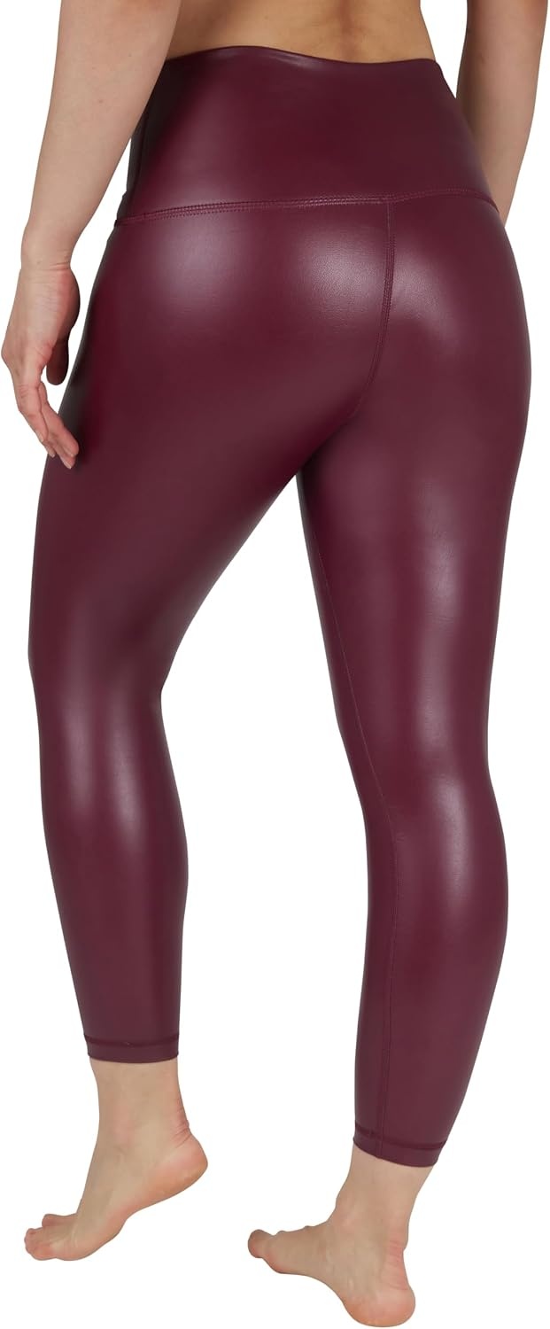 image:image90 Degree By Reflex Super High Waist High Shine Faux Leather Fleece Lined Elastic Free Ankle LeggingsUptown Red Elastic Free