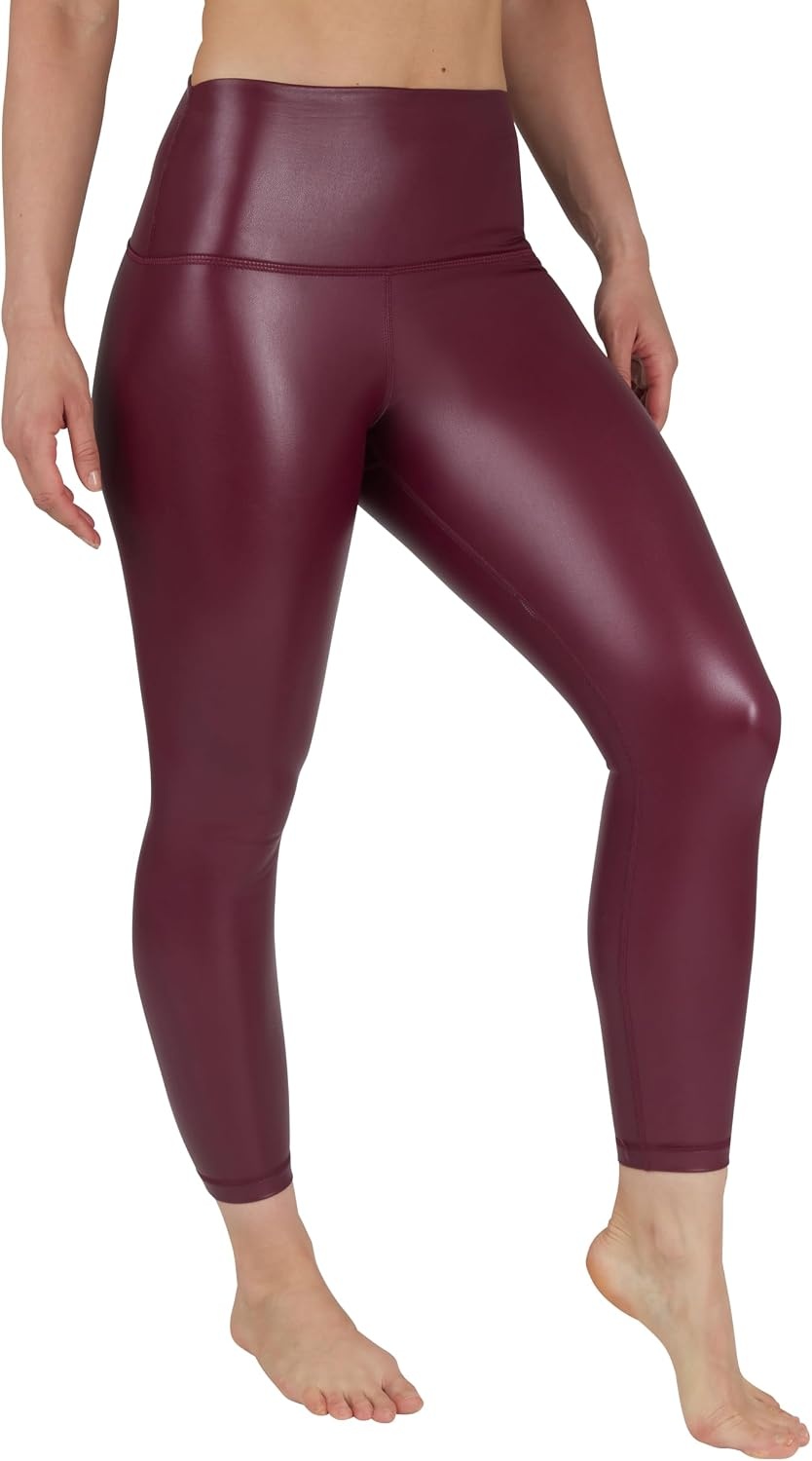 image:image90 Degree By Reflex Super High Waist High Shine Faux Leather Fleece Lined Elastic Free Ankle LeggingsUptown Red Elastic Free