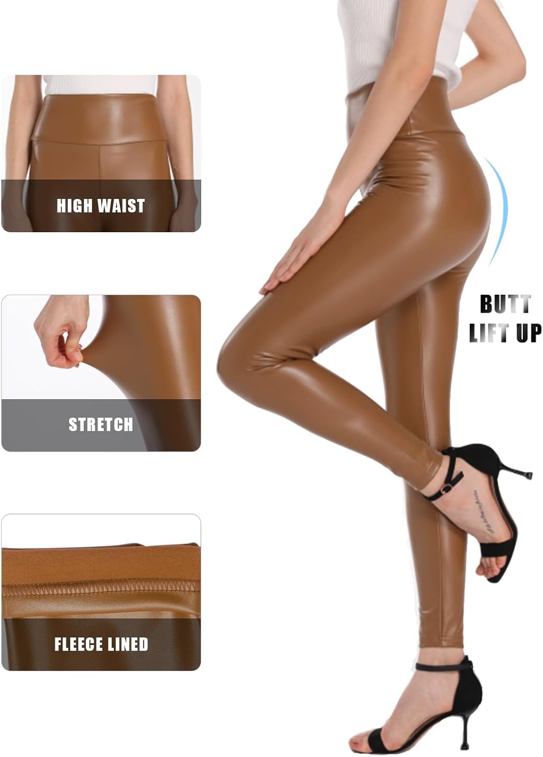 image:imageGinasy Faux Leather Leggings for Women Tummy Control FleeceLinedBrown
