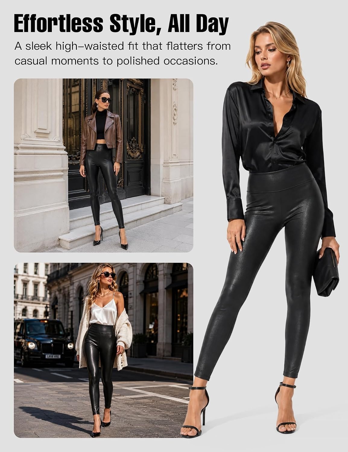 image:imageGinasy Faux Leather Leggings for Women Tummy Control FleeceLinedMatte Black