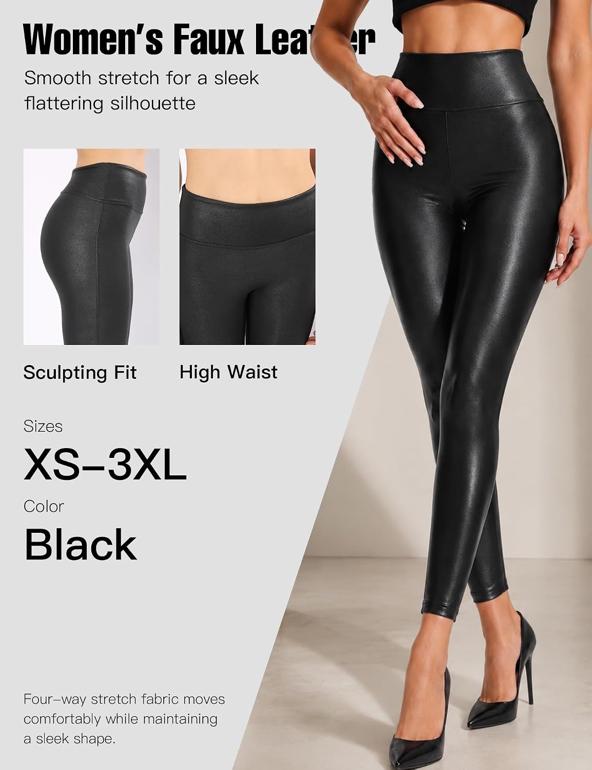 image:imageGinasy Faux Leather Leggings for Women Tummy Control FleeceLinedMatte Black