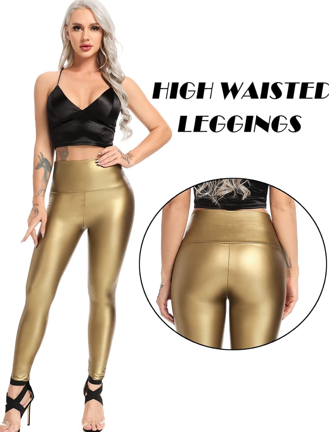 image:imageKIWI RATA Womens Faux Leather Leggings Shiny Pleather PantsGold