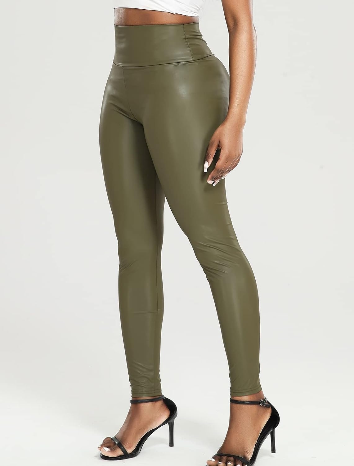 image:imageKIWI RATA Womens Faux Leather Leggings Shiny Pleather PantsOlive