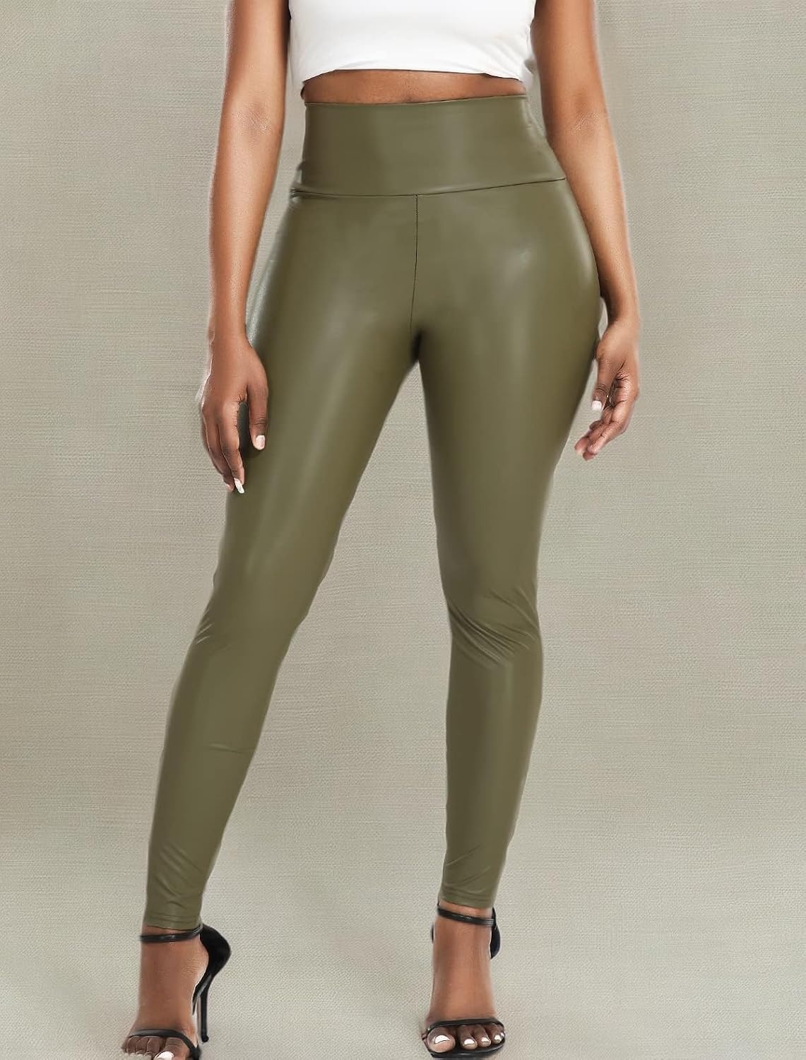 image:imageKIWI RATA Womens Faux Leather Leggings Shiny Pleather PantsOlive