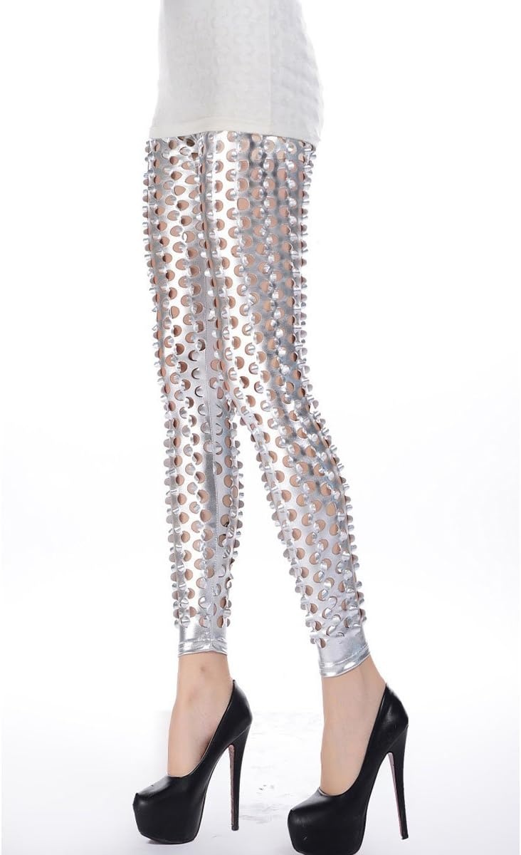 image:imagePanegy Women Punk Rock Leggings Hollow Leggings Party Digital Skinny TrousersSilver