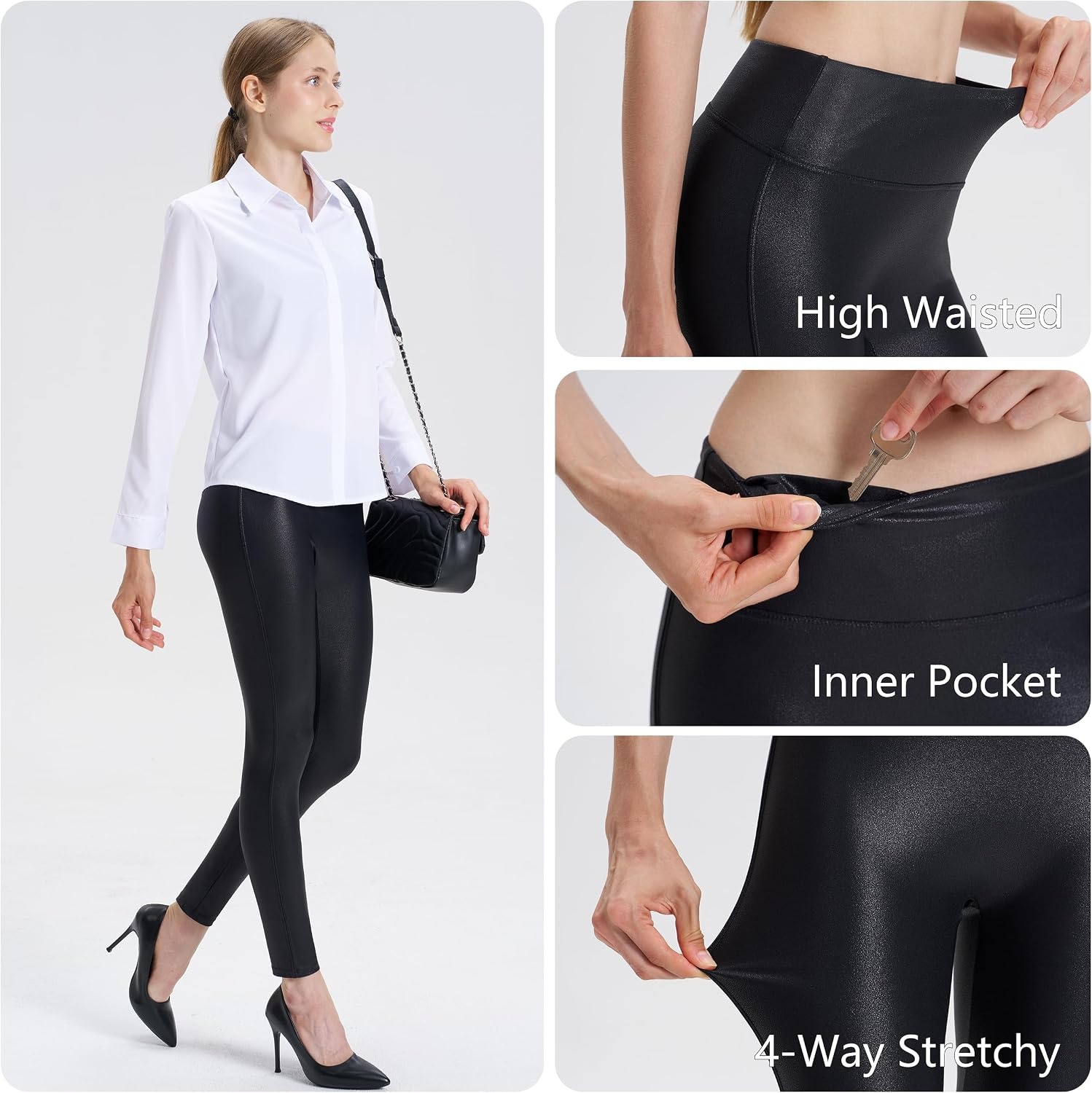 image:imageWomens Faux Leather Leggings 2527 High Rise Stretch PantsBlack