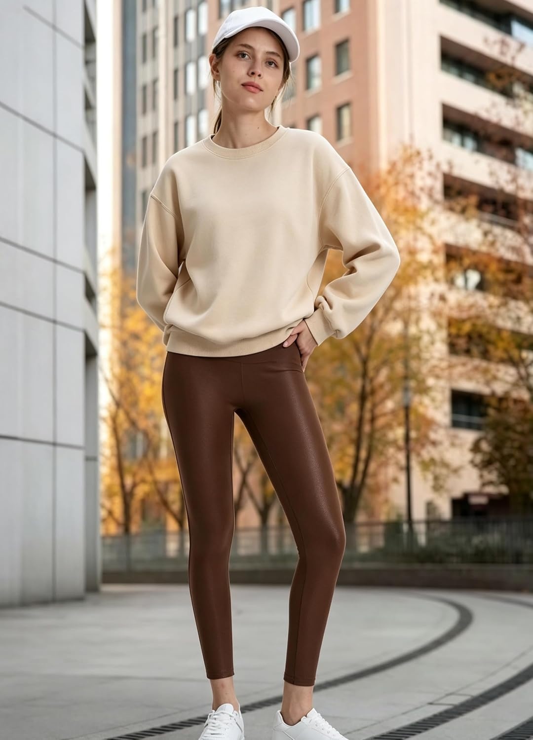 image:imageWomens Faux Leather Leggings 2527 High Rise Stretch PantsBrown