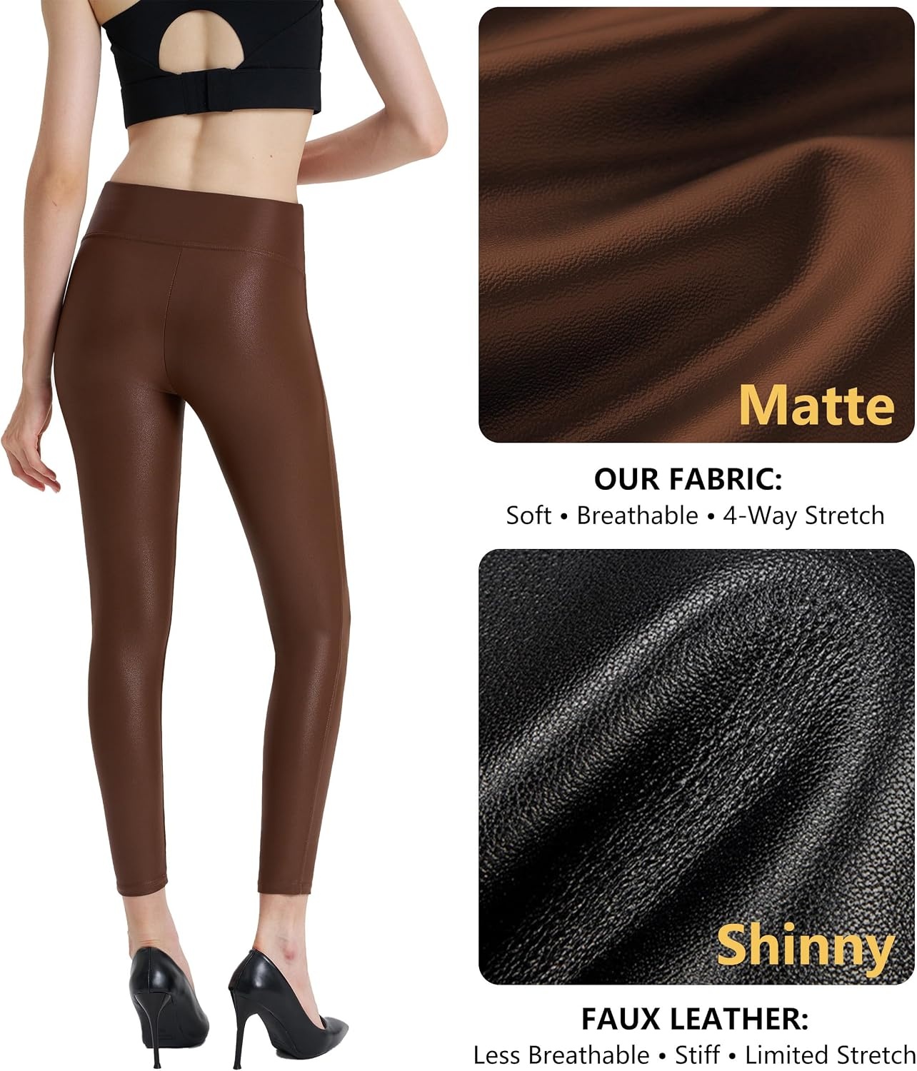 image:imageWomens Faux Leather Leggings 2527 High Rise Stretch PantsBrown