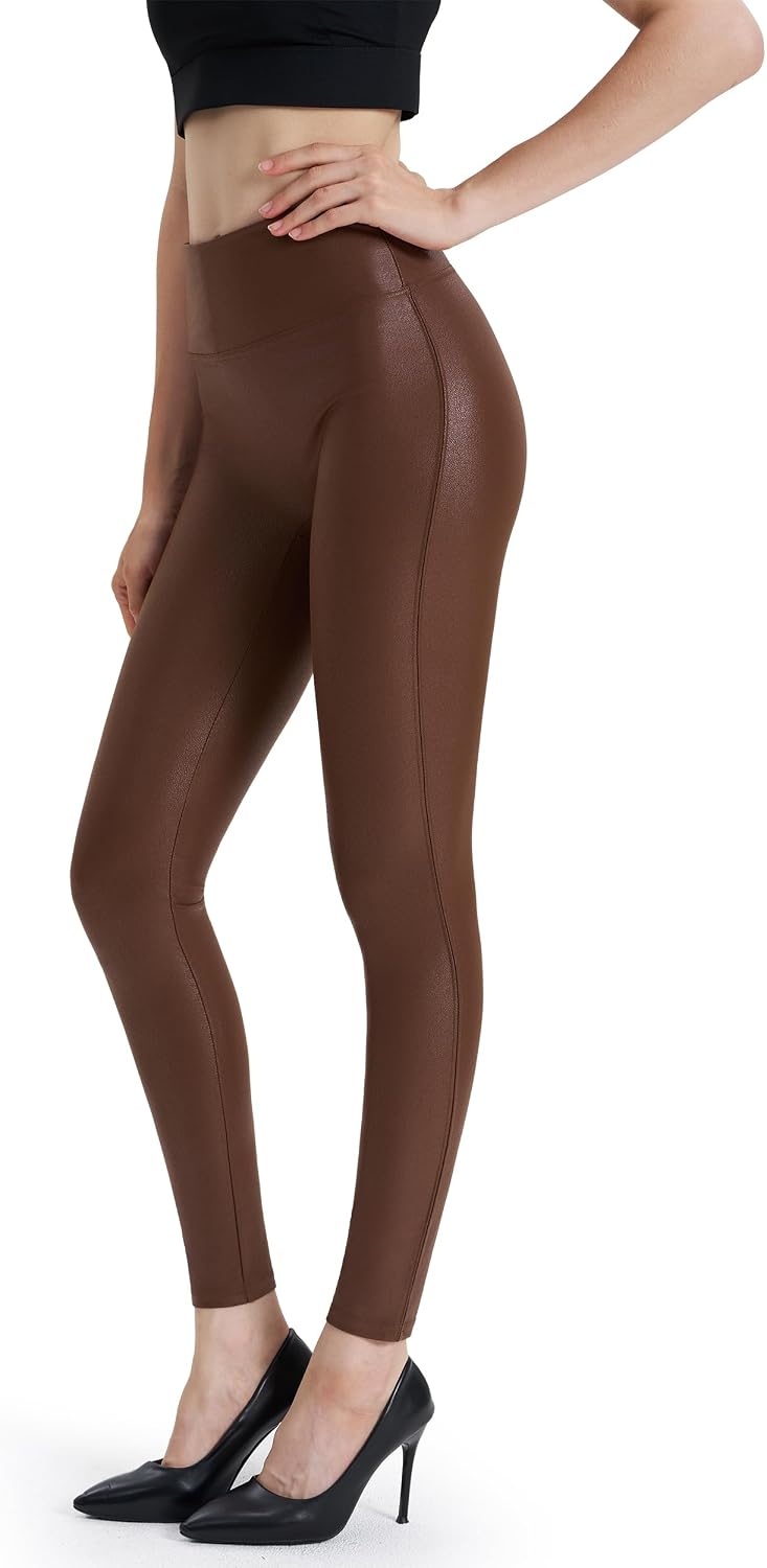 image:imageWomens Faux Leather Leggings 2527 High Rise Stretch PantsBrown