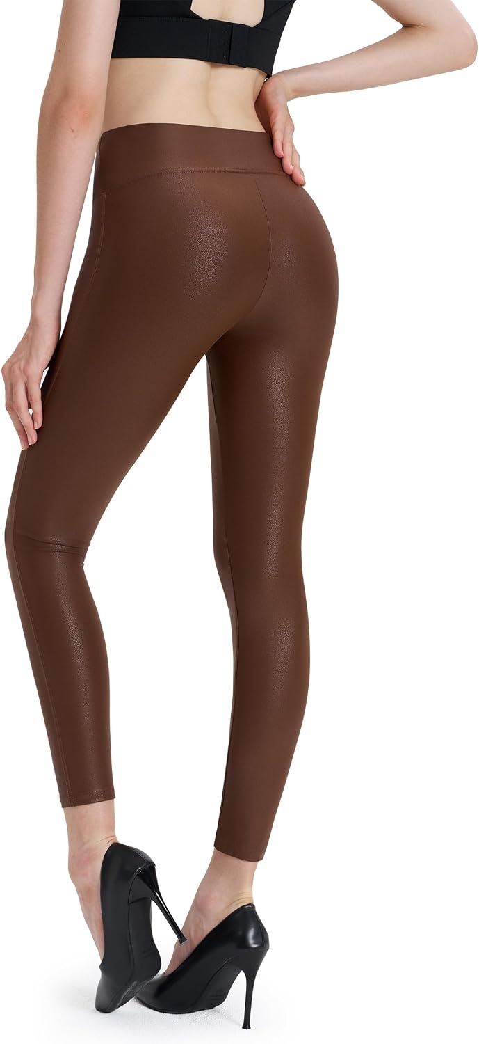 image:imageWomens Faux Leather Leggings 2527 High Rise Stretch PantsBrown