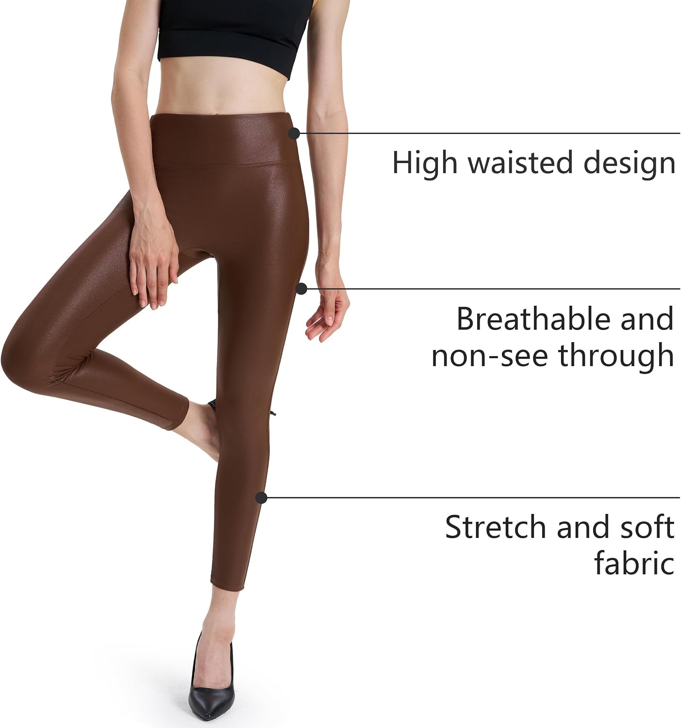 image:imageWomens Faux Leather Leggings 2527 High Rise Stretch PantsBrown