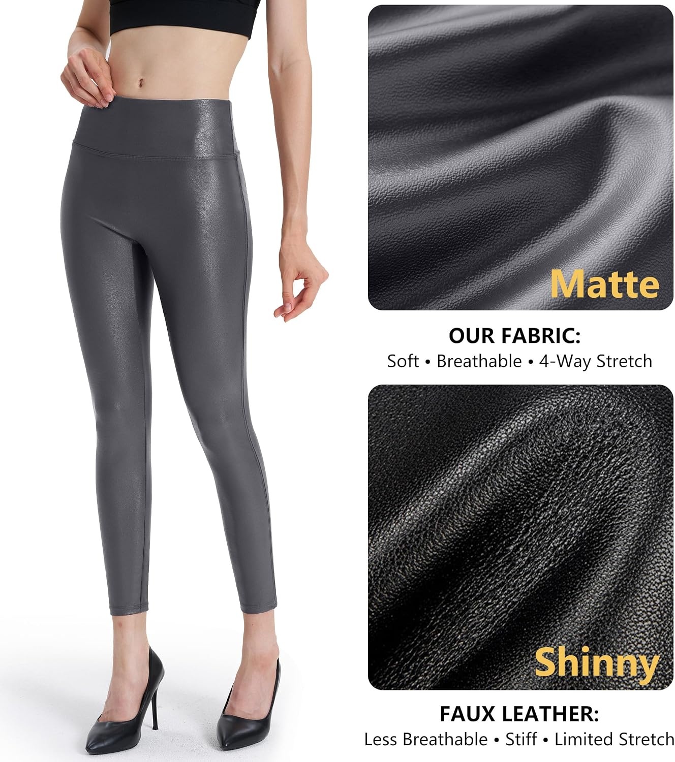 image:imageWomens Faux Leather Leggings 2527 High Rise Stretch PantsDark Grey