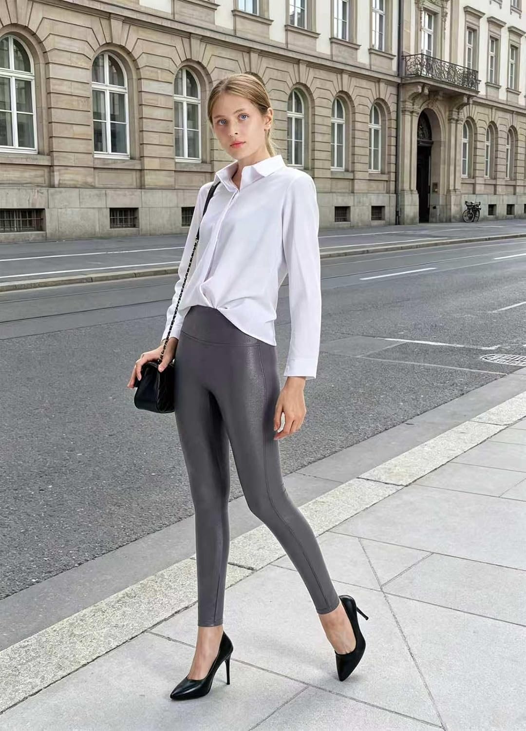 image:imageWomens Faux Leather Leggings 2527 High Rise Stretch PantsDark Grey