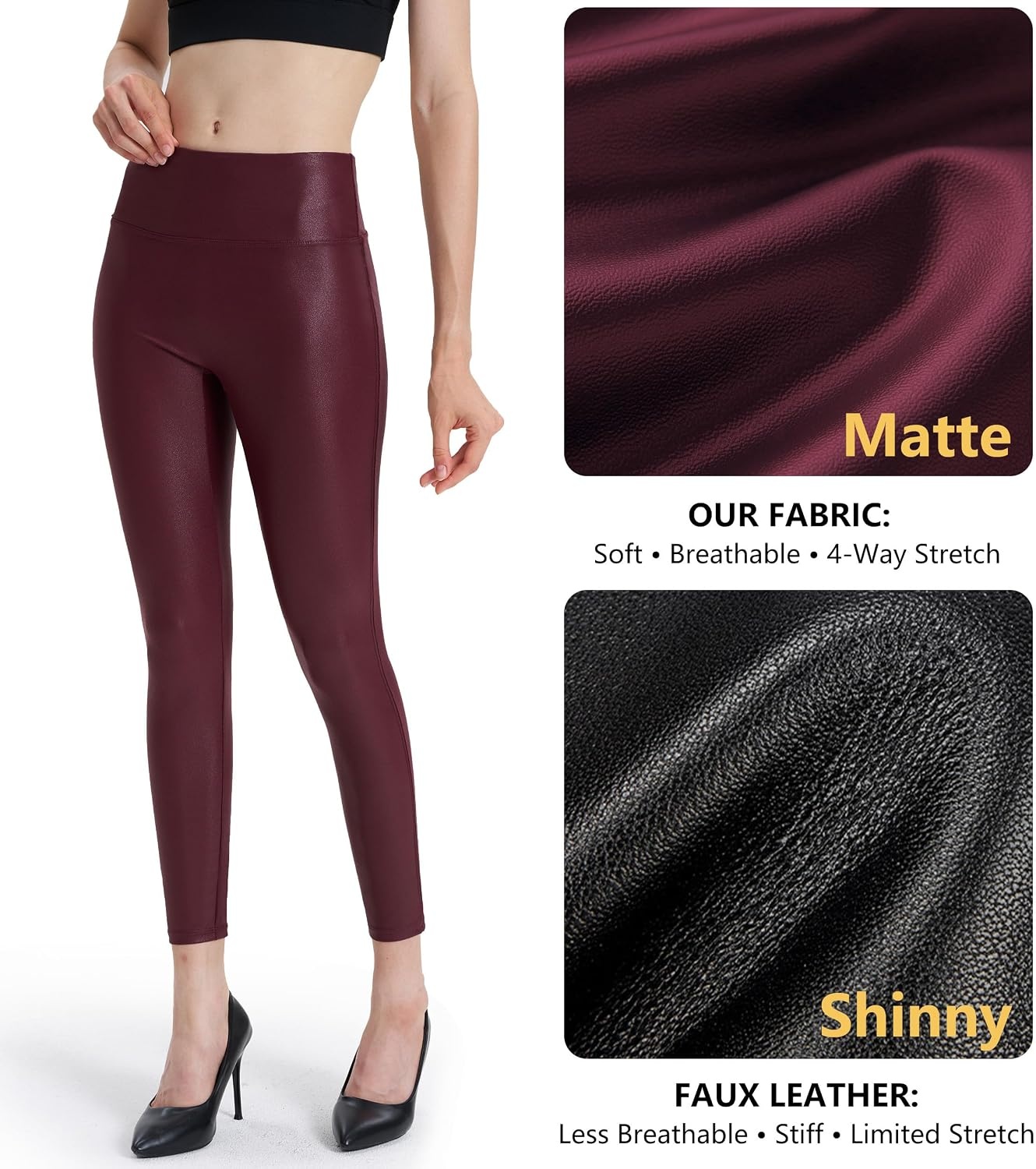 image:imageWomens Faux Leather Leggings 2527 High Rise Stretch PantsWine Red