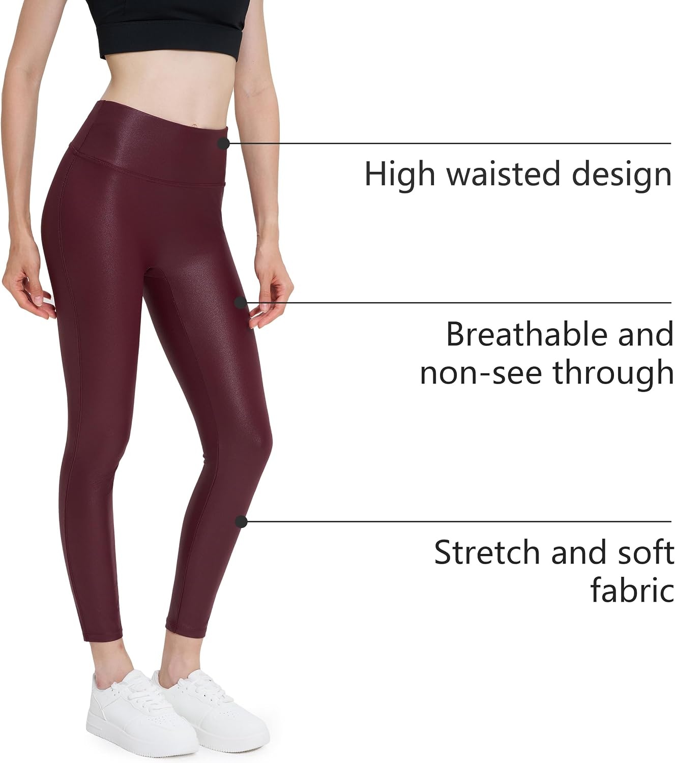 image:imageWomens Faux Leather Leggings 2527 High Rise Stretch PantsWine Red