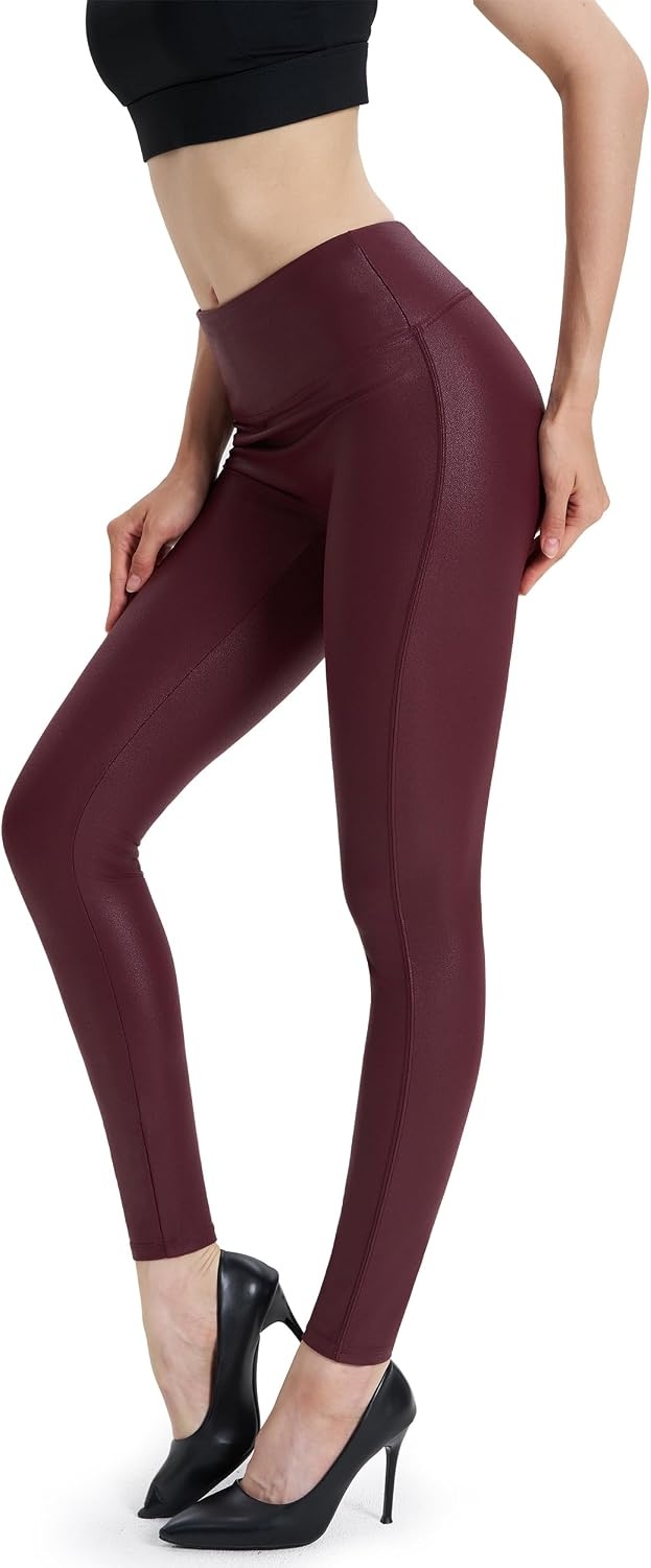 image:imageWomens Faux Leather Leggings 2527 High Rise Stretch PantsWine Red