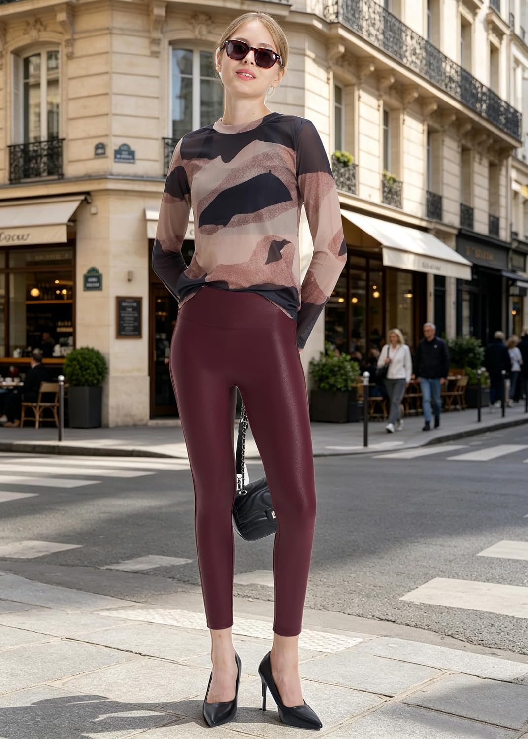 image:imageWomens Faux Leather Leggings 2527 High Rise Stretch PantsWine Red