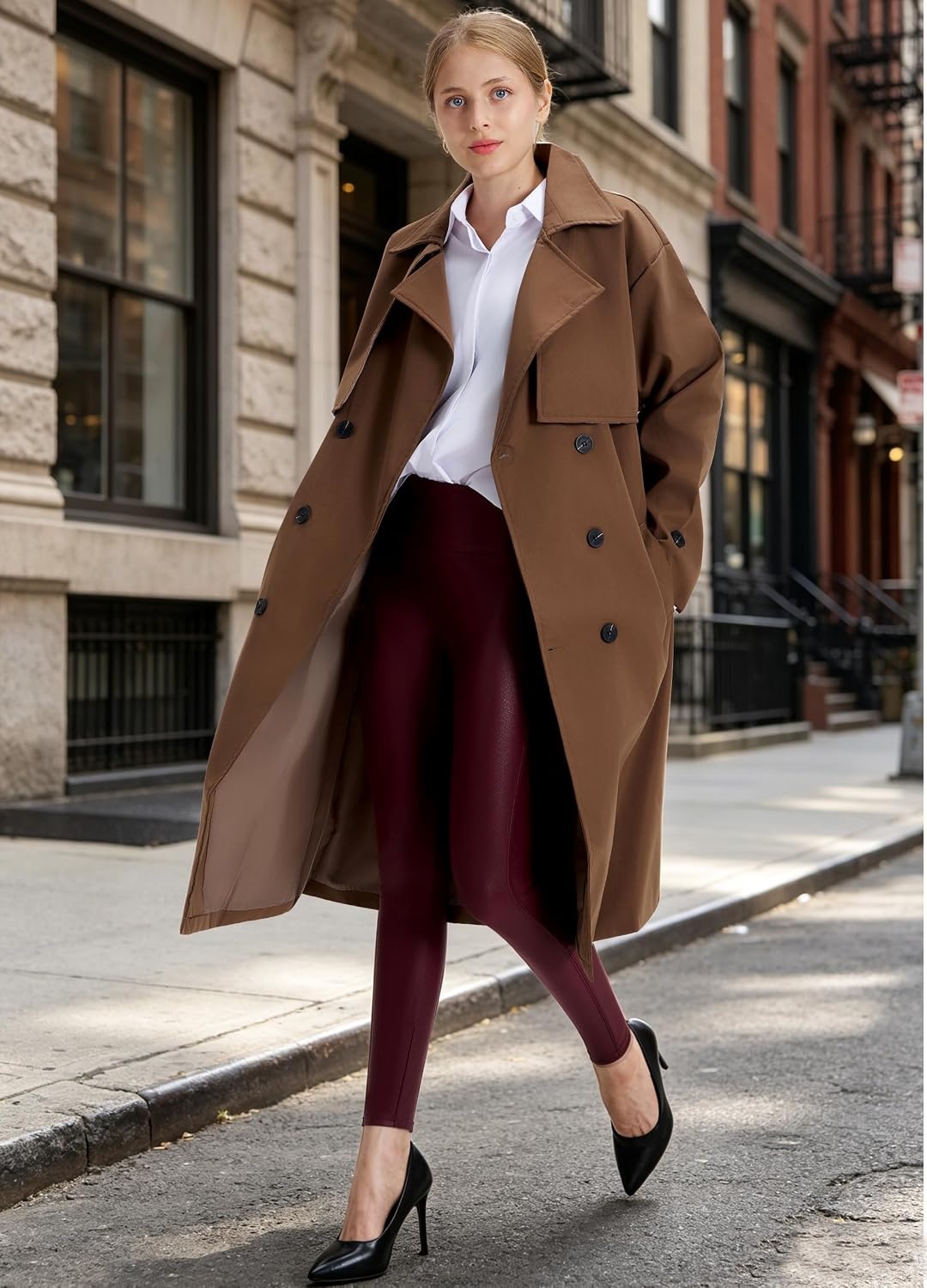 image:imageWomens Faux Leather Leggings 2527 High Rise Stretch PantsWine Red