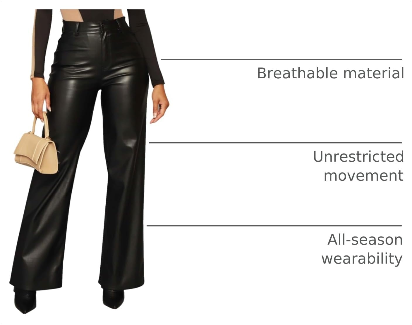 image:imageZebaexf Womens High Waist Faux Leather Pants Straight Leg Jeans Leather Look PantsAblack