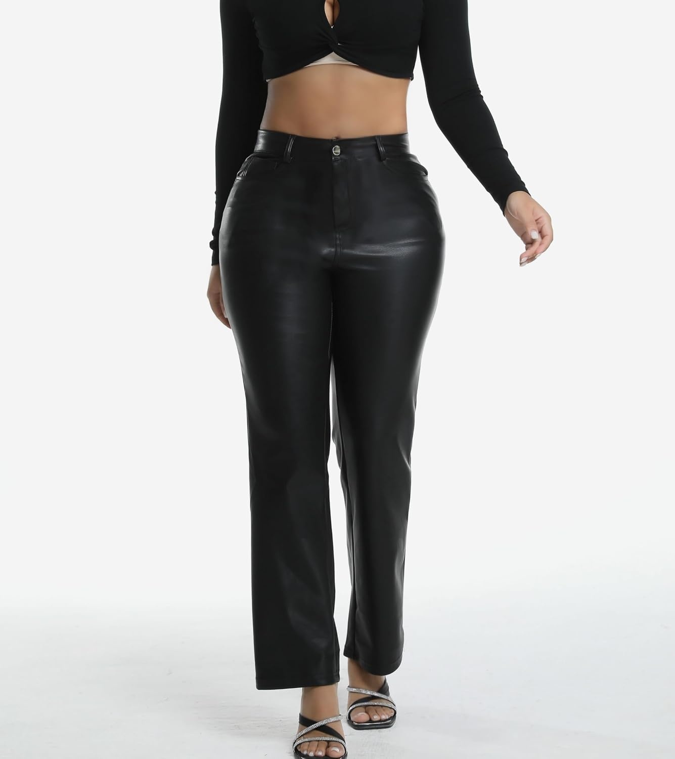 image:imageZebaexf Womens High Waist Faux Leather Pants Straight Leg Jeans Leather Look PantsBlack