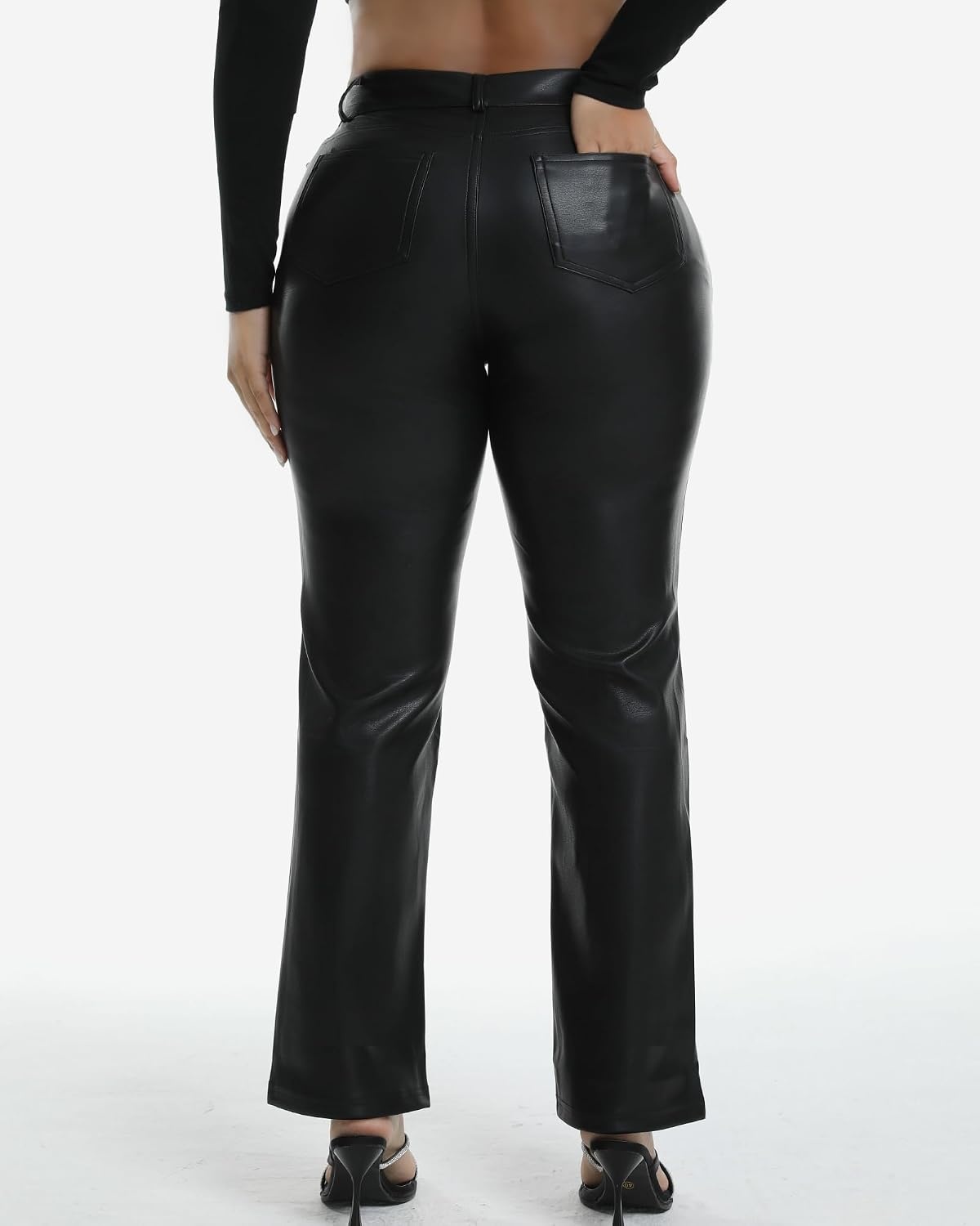 image:imageZebaexf Womens High Waist Faux Leather Pants Straight Leg Jeans Leather Look PantsBlack