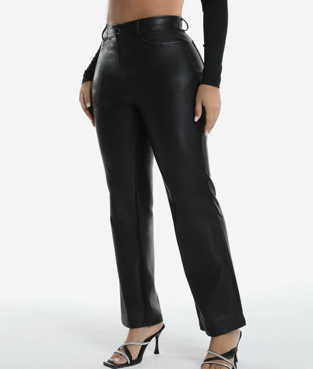 image:imageZebaexf Womens High Waist Faux Leather Pants Straight Leg Jeans Leather Look PantsBlack