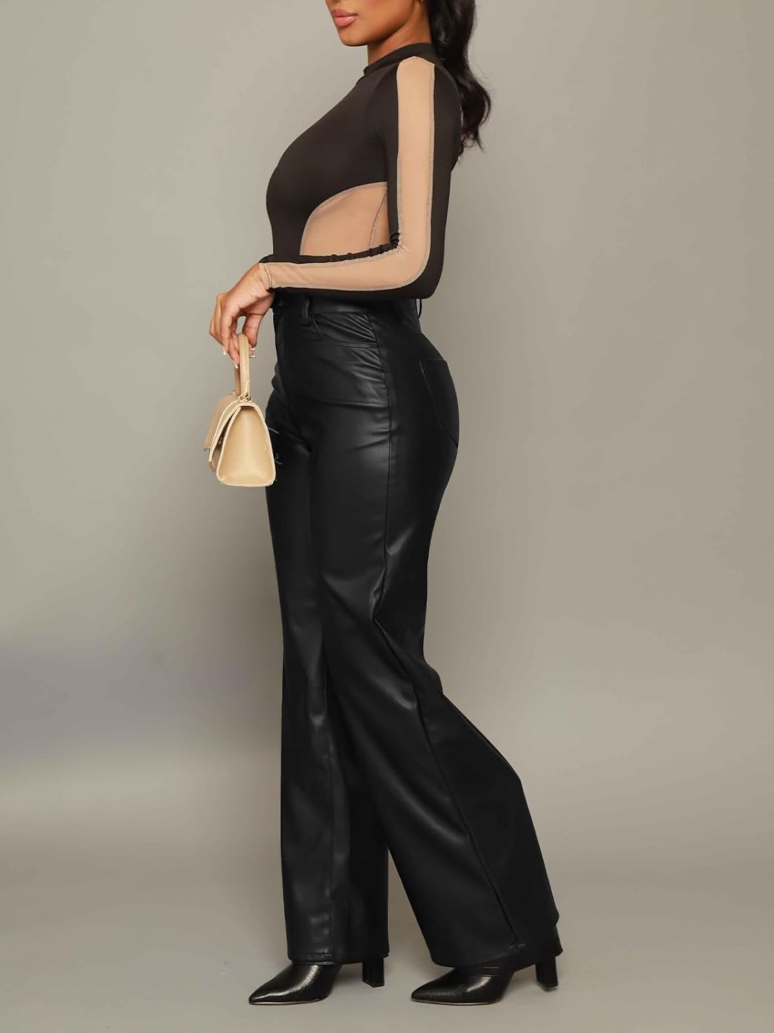 image:imageZebaexf Womens High Waist Faux Leather Pants Straight Leg Jeans Leather Look PantsMattewideblack