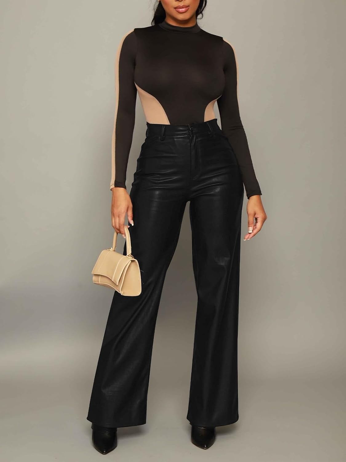 image:imageZebaexf Womens High Waist Faux Leather Pants Straight Leg Jeans Leather Look PantsMattewideblack