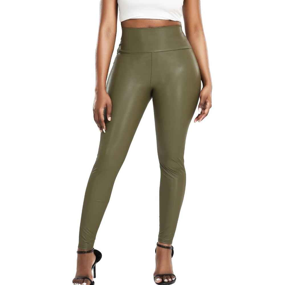image:imageKIWI RATA Womens Faux Leather Leggings Shiny Pleather PantsOlive