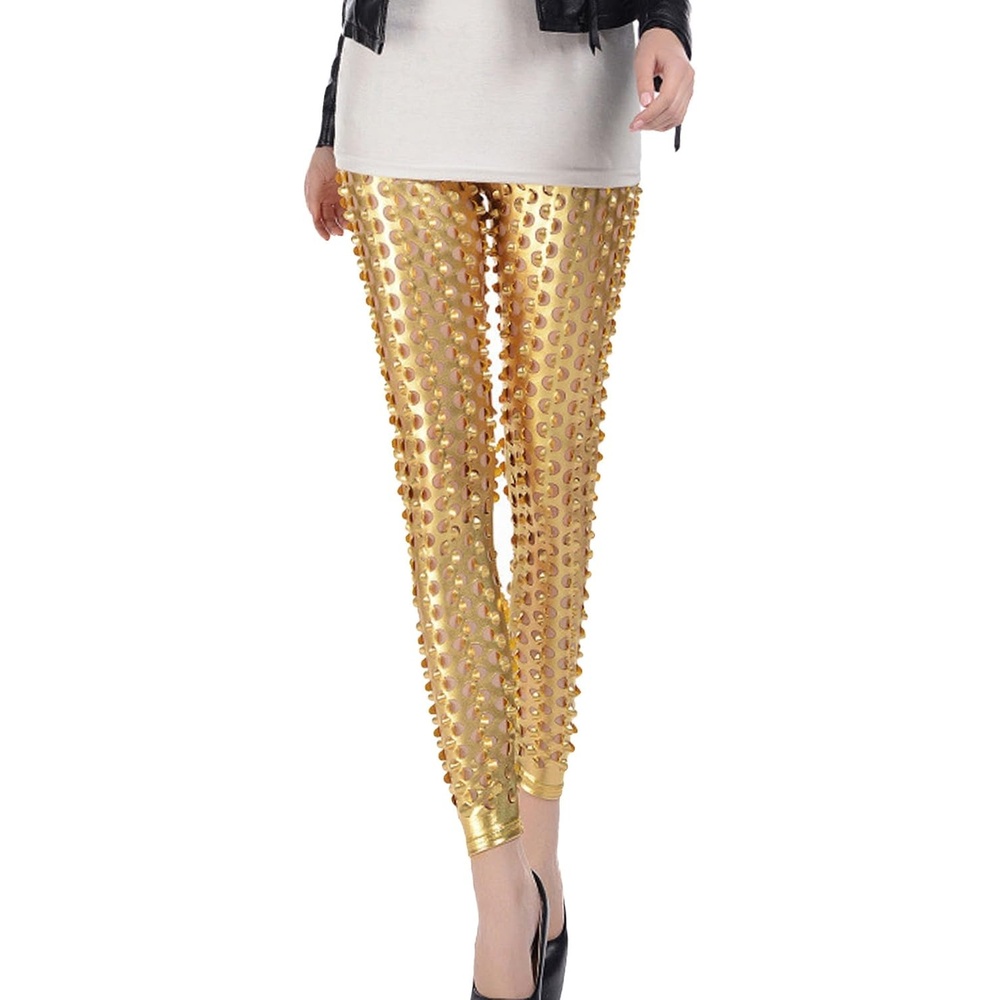 image:imagePanegy Women Punk Rock Leggings Hollow Leggings Party Digital Skinny TrousersGold