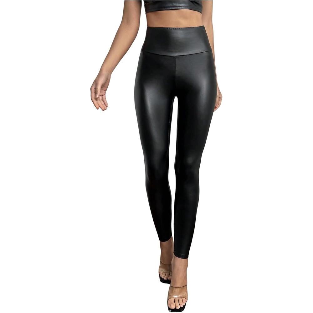 image:imageWDIRARA Womens Faux Leather Leggings High Rise Elastic Waist Skinny Pants Date Night ClubwearBlack