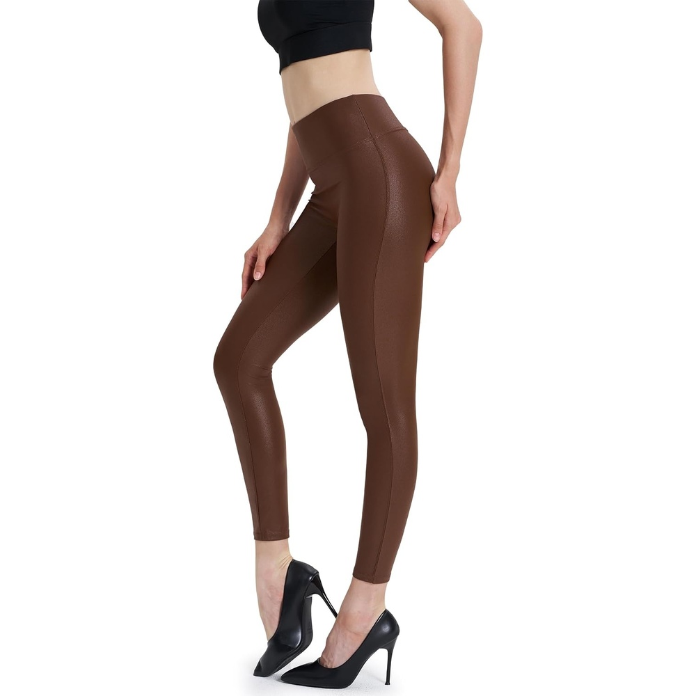 image:imageWomens Faux Leather Leggings 2527 High Rise Stretch PantsBrown