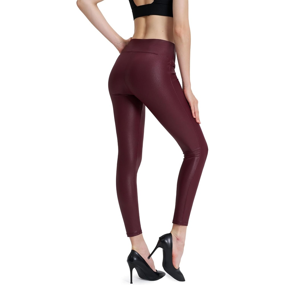 image:imageWomens Faux Leather Leggings 2527 High Rise Stretch PantsWine Red