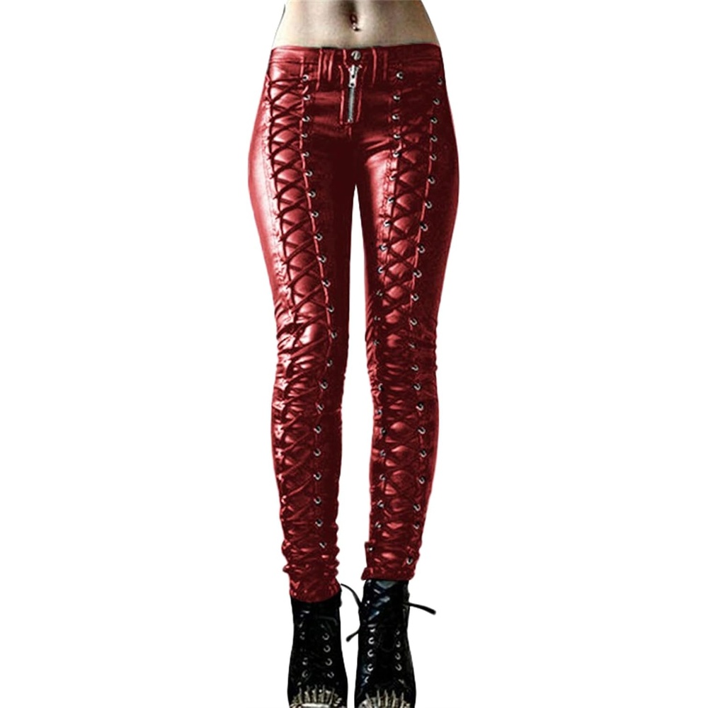 image:imageWomens Lace Up Faux Leather Leggings Gothic Bandage Sexy Tight PantsRed 1