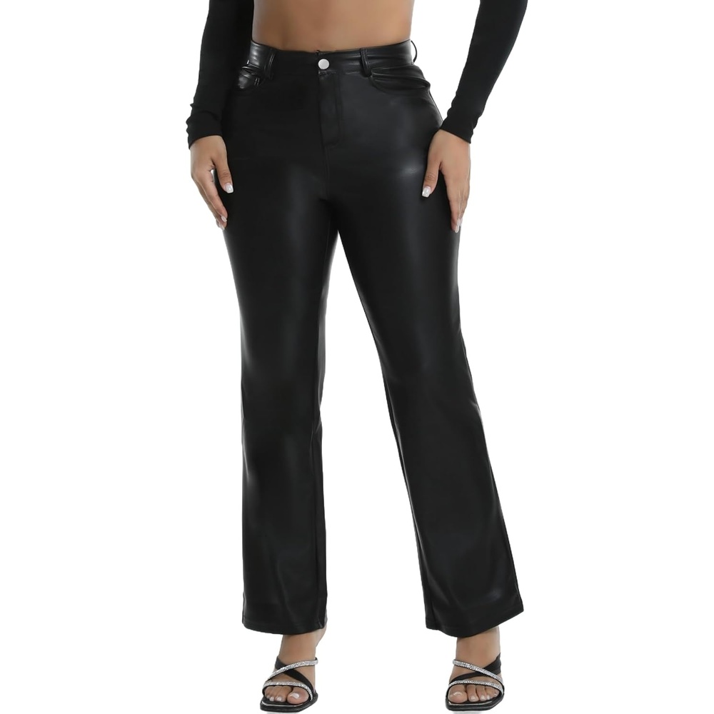 image:imageZebaexf Womens High Waist Faux Leather Pants Straight Leg Jeans Leather Look PantsBlack