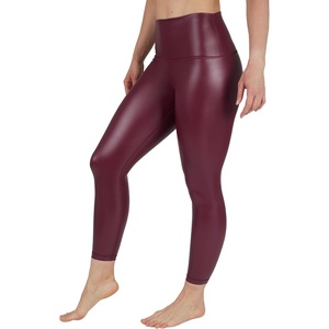 90 Degree By Reflex Super High Waist High Shine Faux Leather Fleece Lined Elastic Free Ankle Leggings(Uptown Red Elastic Free)